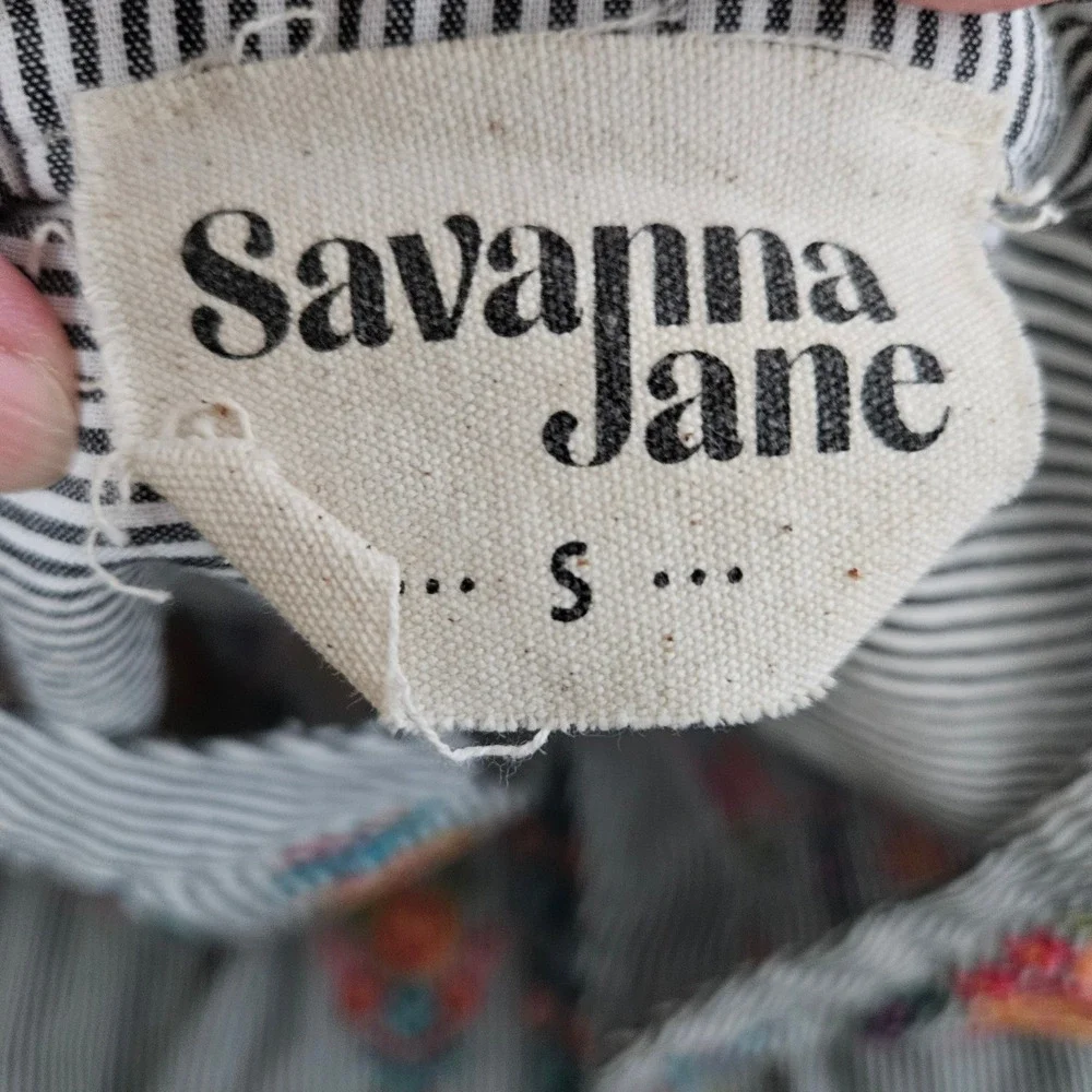 Savanna Jane Peplum Top Womens Small Black White Striped Floral Embroidered Boho - Picture 2 of 9